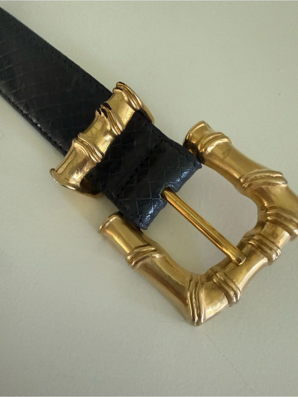Talbots Italian Black Reptile Embossed Leather Belt with Gold Bamboo Buckle